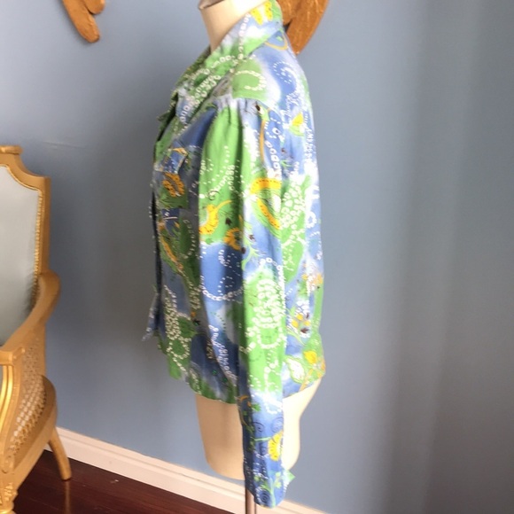 Y2K Keren Hart blue green yellow button down lightweight jean jacket size M - Picture 10 of 13